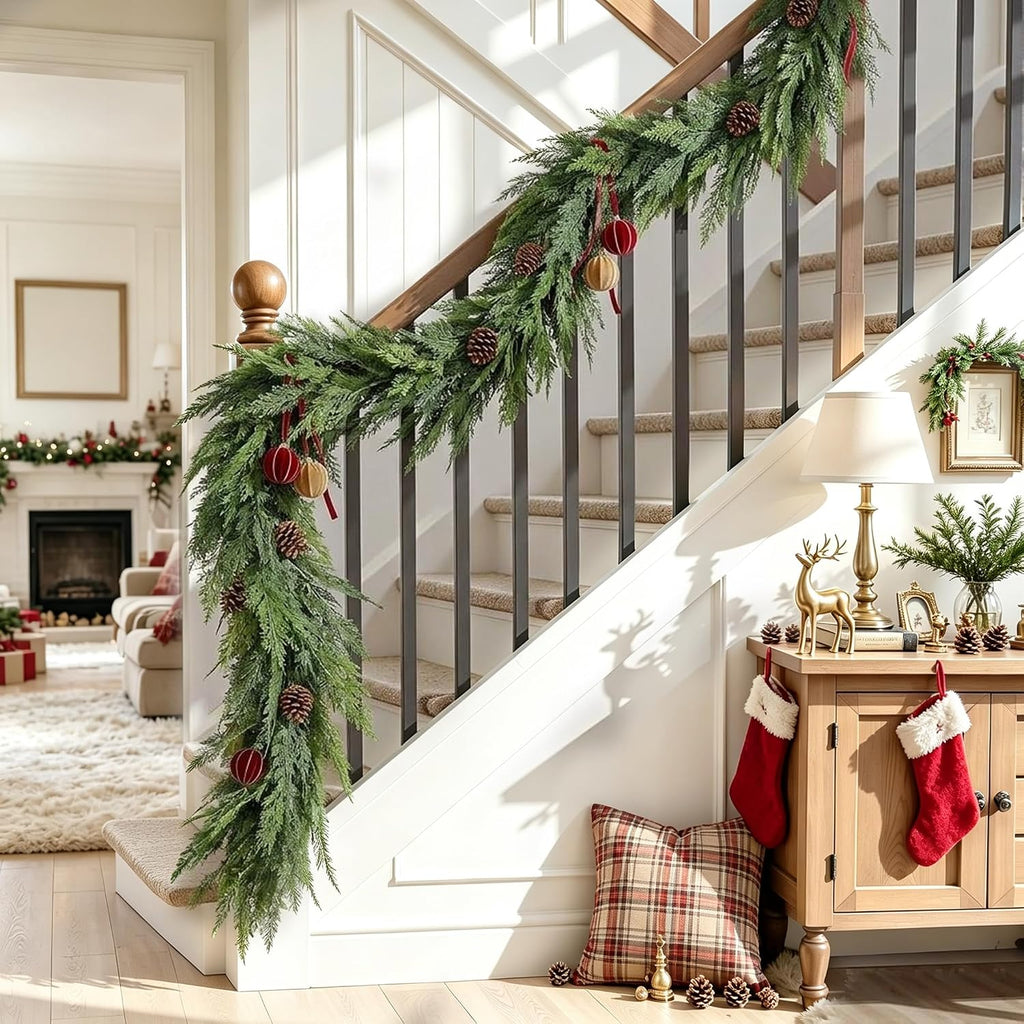 9 FT 1Pcs Prelit Realistic Faux Pine Cedar Garland for Christmas Decor Home