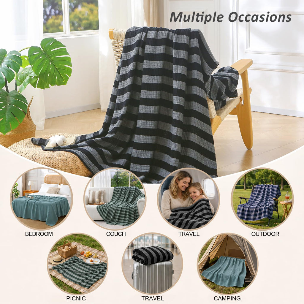 Muslin Cotton Blanket Striped for Adults Bed Black 90" x 90"