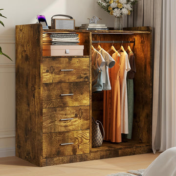 Dresser with Hanging Rack, 4 Drawer Dresser with LED Lights & Charging Station, Large Dressers & Chest of Drawers