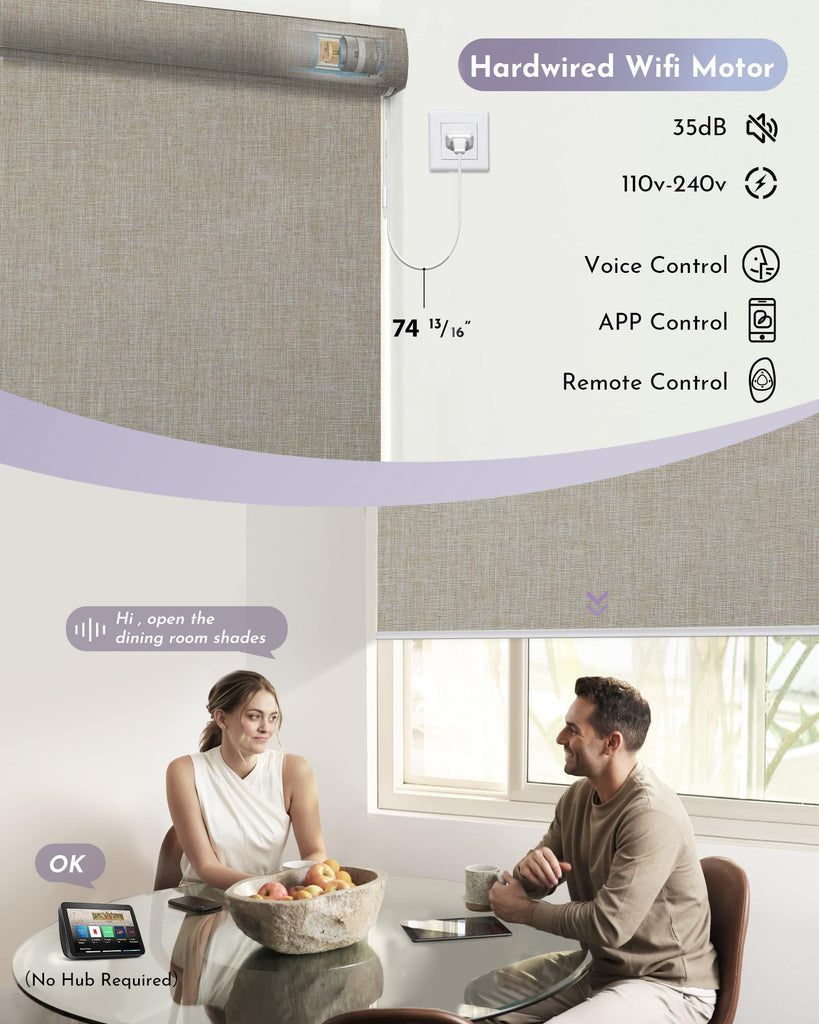 Smart Blackout Roller Shades Work with Alexa Google WiFi Hardwired Triple Weaved Fabric Motorized Blinds Remote