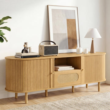 63'' Tambour TV Stand with Power Outlet for TVs up to 70 in, Mid-Century Modern TV Entertainment with 3 Cable