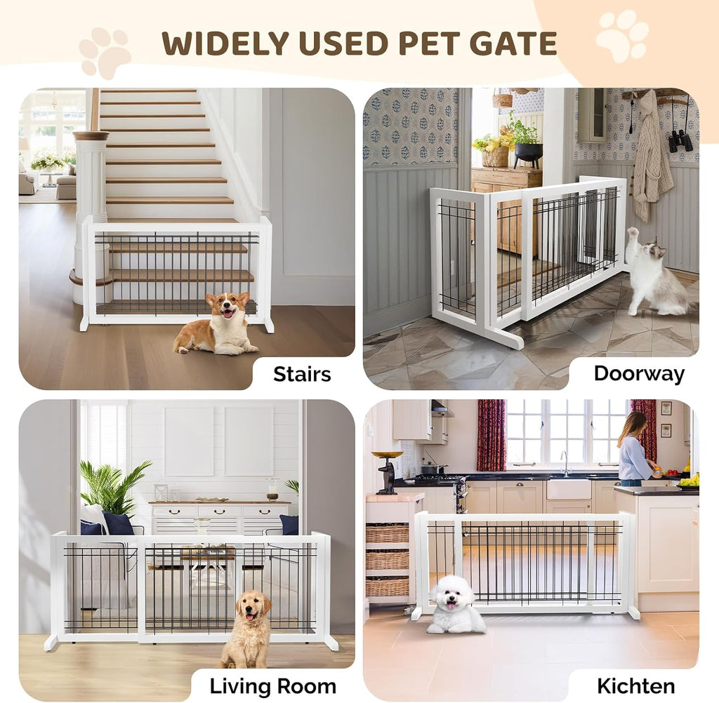 Free Standing Dog Gate, 39" - 68" Wide Pet Gate for Fireplace Stairs Doorways, Wooden Adjustable Pet Fence Indoor