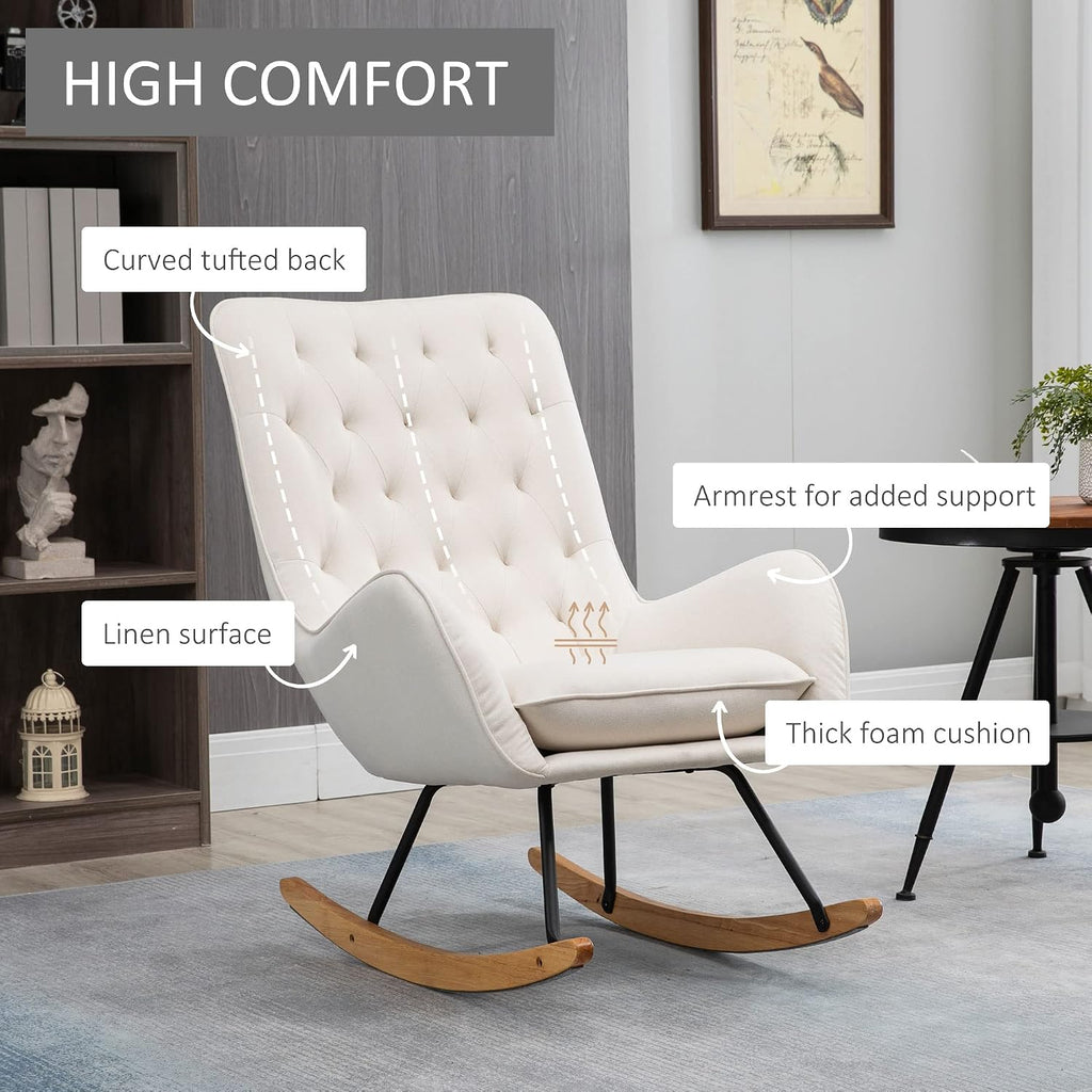 Fabric Rocking Chair, Mid-Century Wingback Accent Chair, Cream White | Armchair, Tufted, Rocker, Padded Seat, Rubber