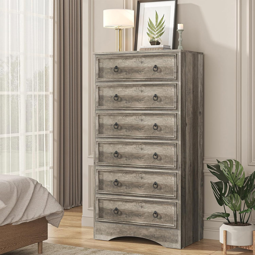 6 Drawer Dresser 52" Tall , Wood 6 Chest Drawers, Storage for Clothes, Narrow Large Drawers, Taupe Vintage
