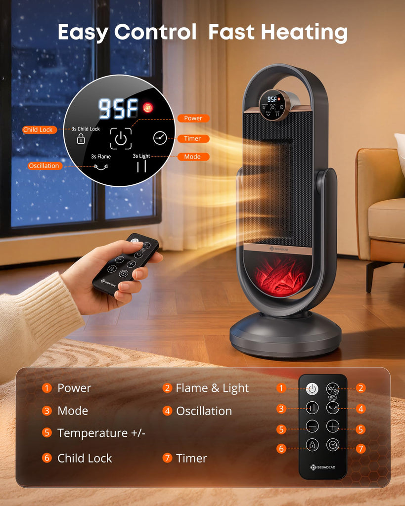 Space Heater, 1500W Graphene PTC Electric Heater with 3D Flame Effect, 60° Oscillation, Remote Thermostat 12H Timer