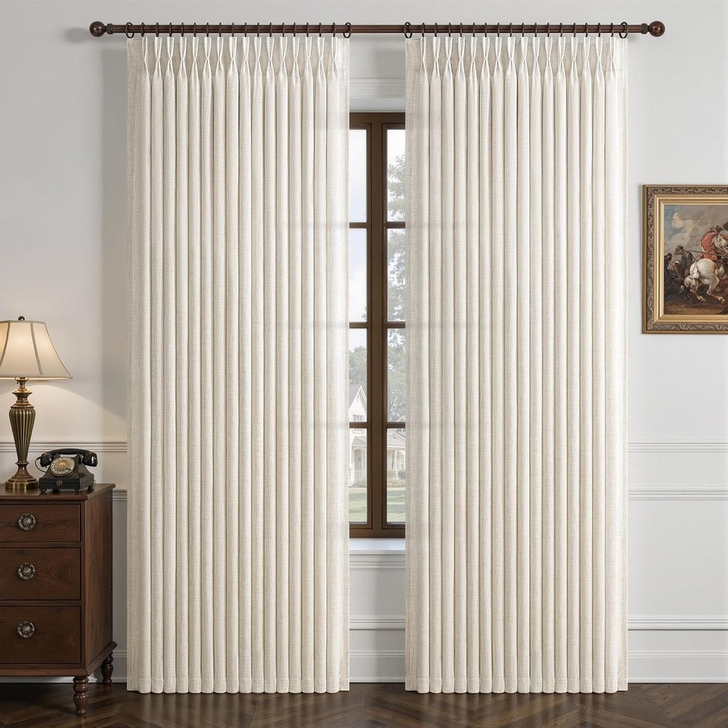 Pinch Pleated Linen 50 Inch Wide Curtains 96 Inches Long, Memory Trained Pleat Boho Semi Sheer Birch Light Filtering