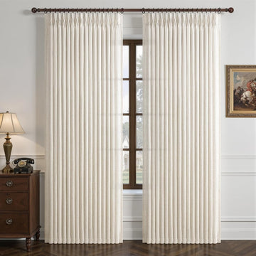 Pinch Pleated Linen 50 Inch Wide Curtains 96 Inches Long, Memory Trained Pleat Boho Semi Sheer Birch Light Filtering