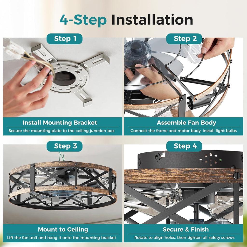 Ceiling Fans with Remote, Farmhouse Ceiling Fan, 19 Inch Low Profile Caged Fandelier, Flush Mount with 6 Wind Speeds