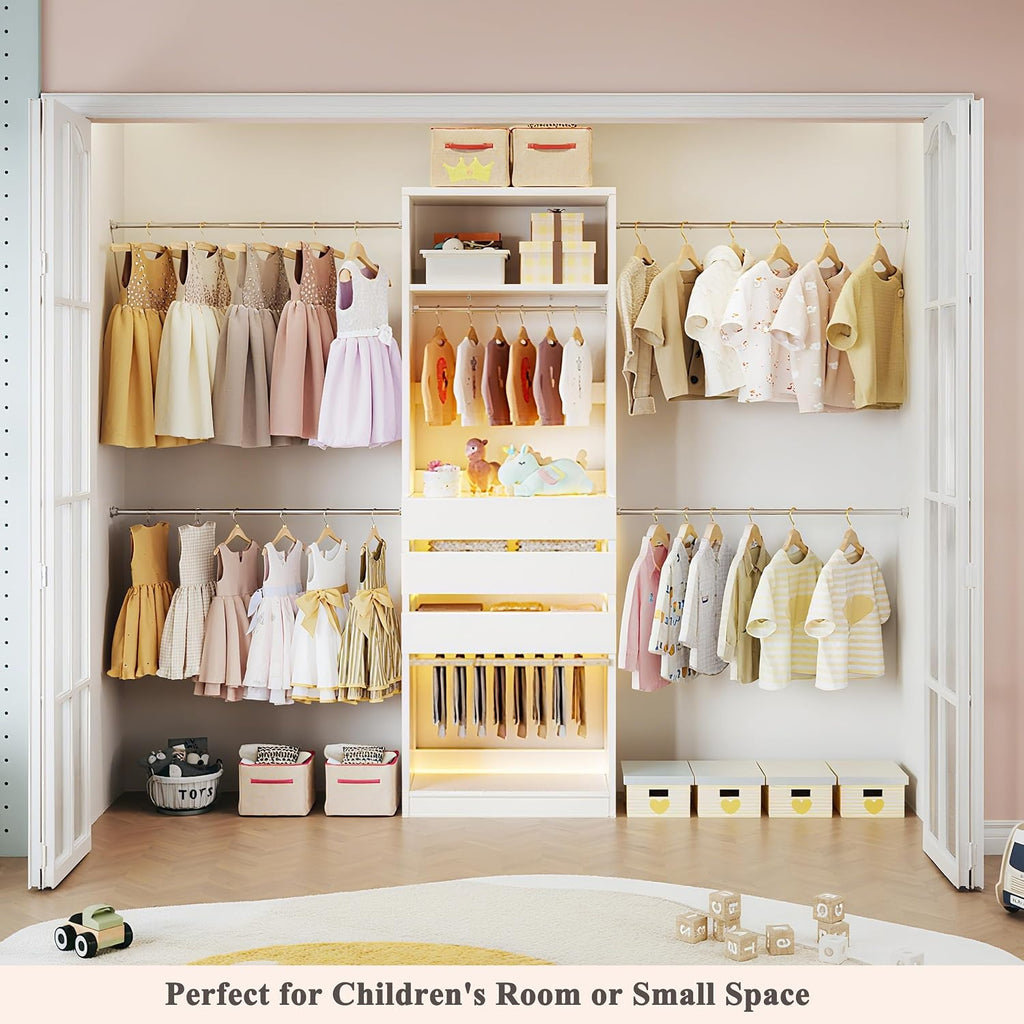 Closet System, 4-8FT Closet Organizer with 3 Wood Drawers & Glass Top, 102'' Walk in Closet with 5 Hang Rods & LED