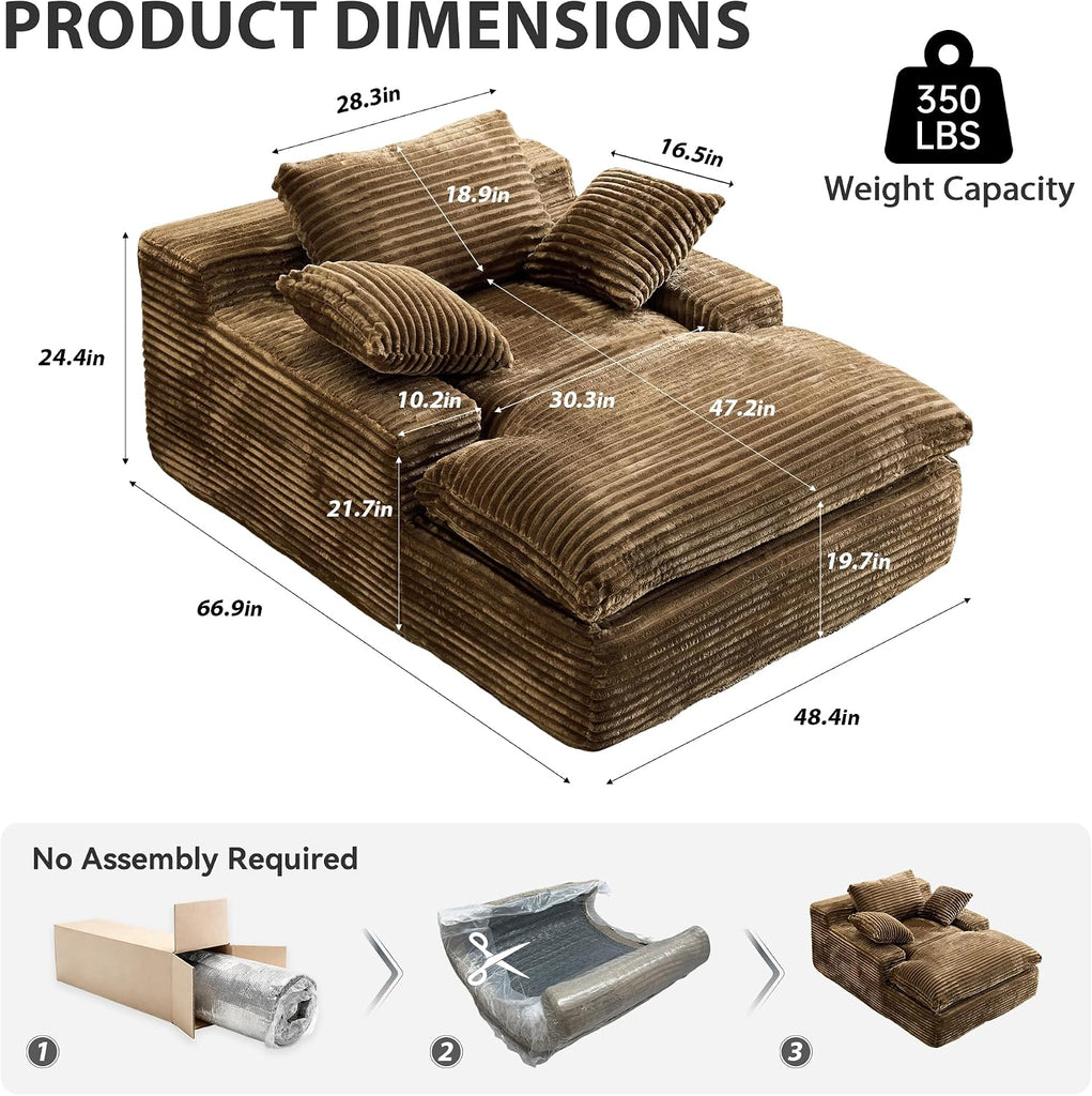 67" Oversized Boneless Chaise Lounge Chair Indoor, Brown | Corduroy Upholstered Sleeper Sofa Bed Deep Seat Reading