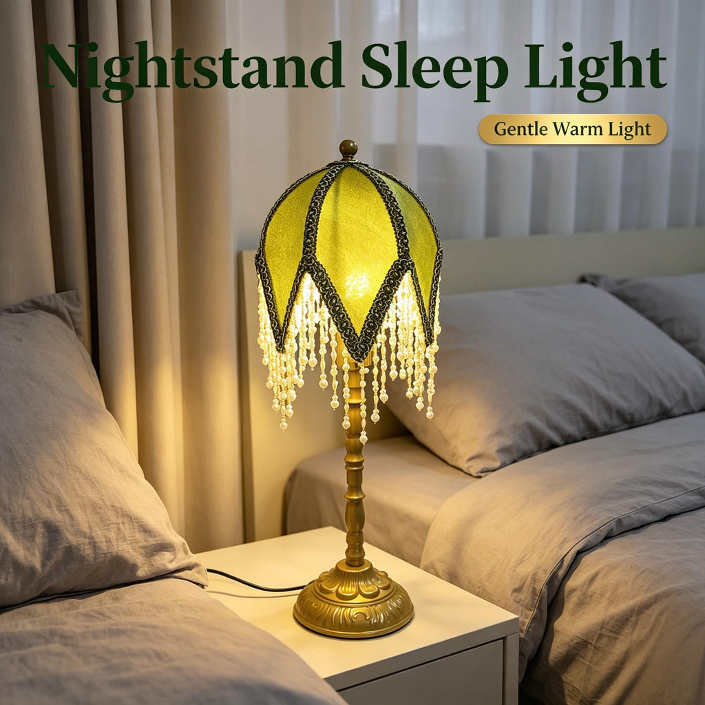 Vintage Tasselled Table Lamp with Beaded Shade, Green and Gold
