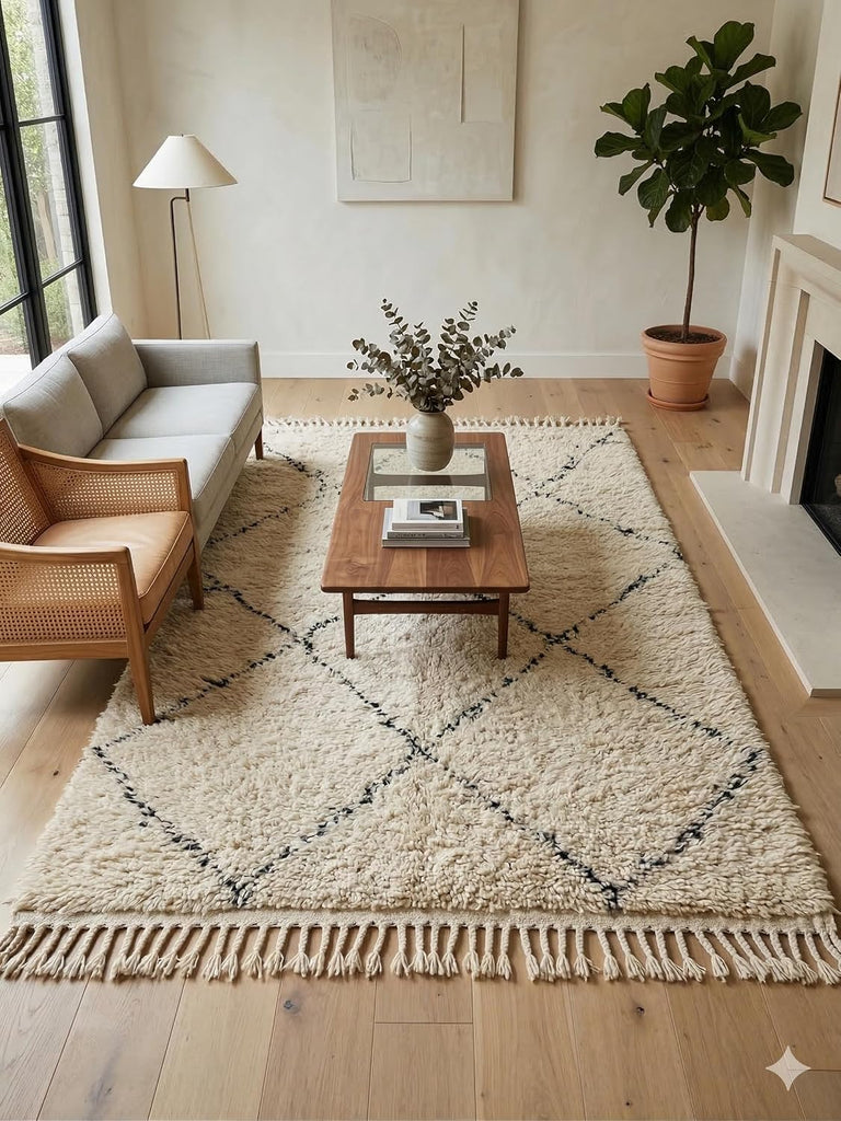 Handmade Moroccan Berber Area Rug 6' x 9', 100% Wool High Pile Shag, Ivory/Cream with Charcoal Broken Diamond Pattern