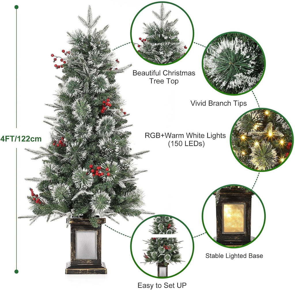 3ft Mini Pre-Lit Christmas Tree, Artificial Tabletop Snow Flocked Christmas Trees, Small Potted Xmas Tree with 78 LED