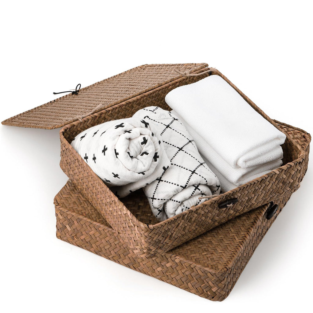 2 Pack Flat Wicker Woven Storage Bins with Lid and Wood Toggle, Natural Handmade Seagrass Basket Set, Rattan