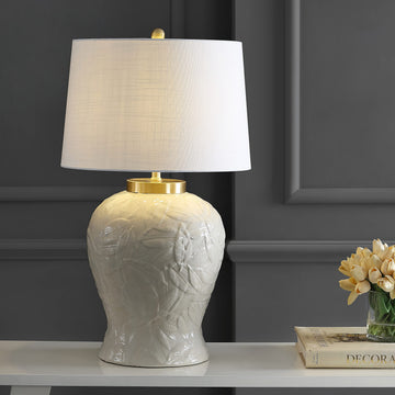 31.5" Palm Leaf Ceramic/Metal Bohemian Cottage LED Table Lamp, Cream