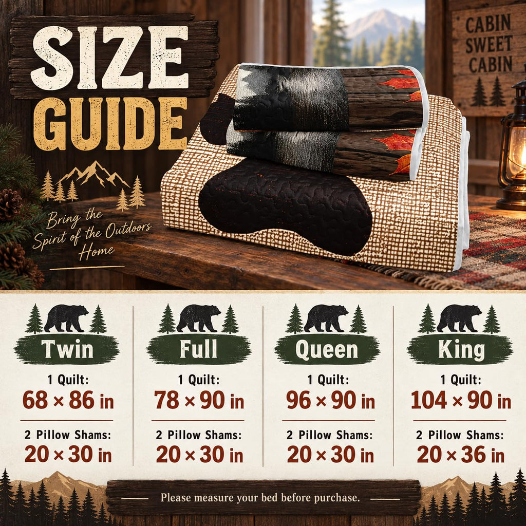 Rustic Bear Quilt Set, Western Bedspread Bedspread Coverlet with 2 Pillowcases, 3-Piece Bear Walk Cabin Plaid