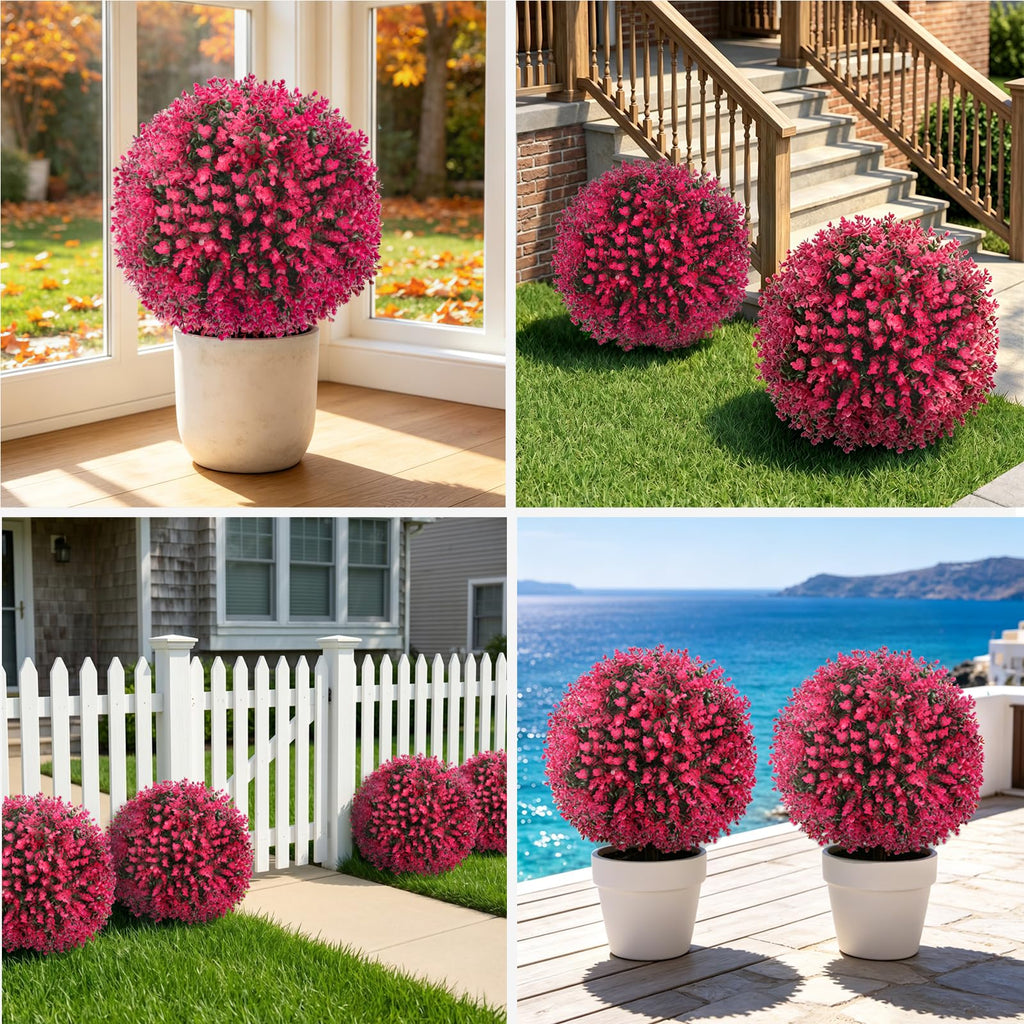 Artificial Red Eucalyptus Topiary Ball Tree, Set of 2 Fake Boxwood Bushes Shrubs with Ground Spike, UV Resistant Faux