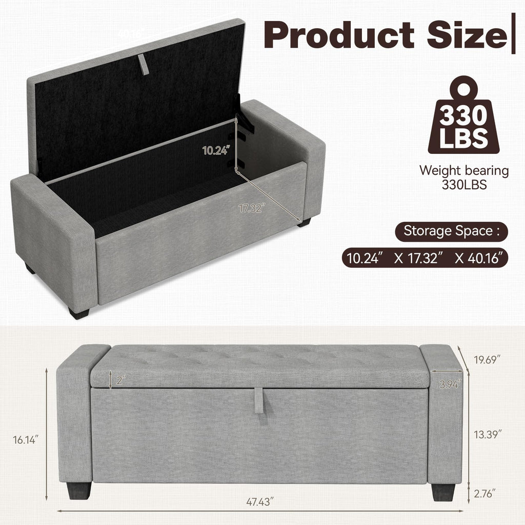 48" Ottoman Bench with Storage, Gray
