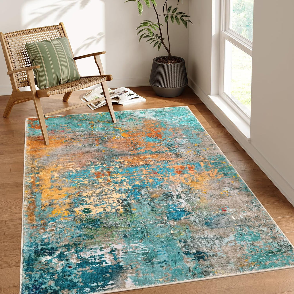 5x7 Washable Modern Abstract Area Rug, Colorful Non-Slip Carpet for Living Room Bedroom