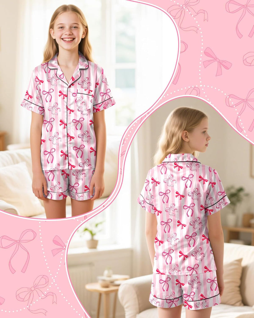 Girls Pajamas Satin Pajama Set Silk Pjs Short Sleeve Button Down Summer Bow Sleepwear for Big Kids