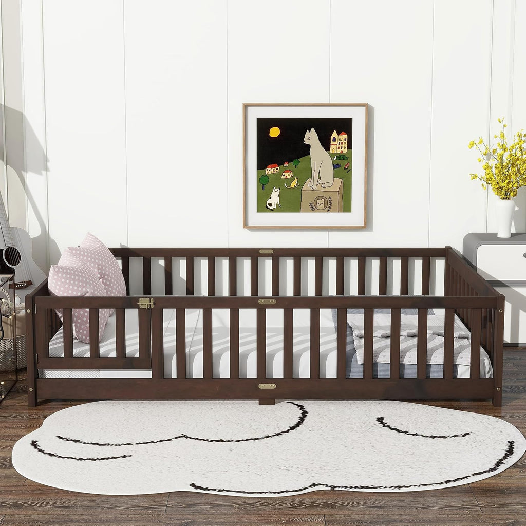 Floor Bed for Kids, Girls, Boys, Rubber Wood Floor Bed with slats and Door/Rails/Fence, Espresso