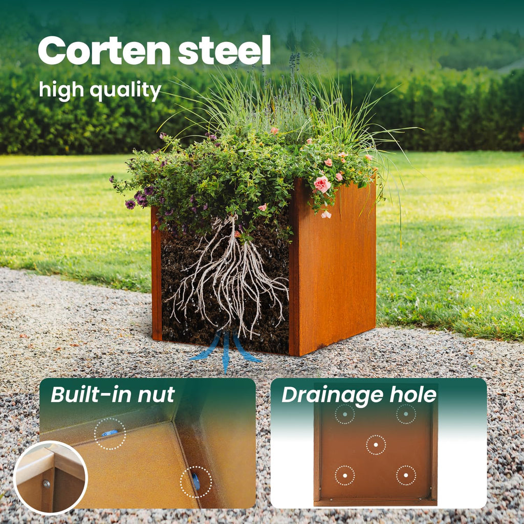 Corten Steel Planter Box Outdoor Planter Metal Square 20 Inch Large Steel Planter Box Rustic Cube Patina Tall Plant