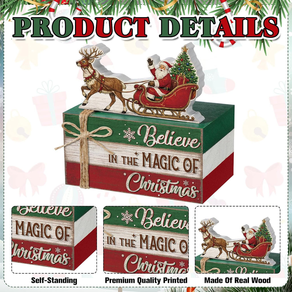 4 Pcs Christmas Santa Sleigh Table Decoration Wooden Book Stack Sign