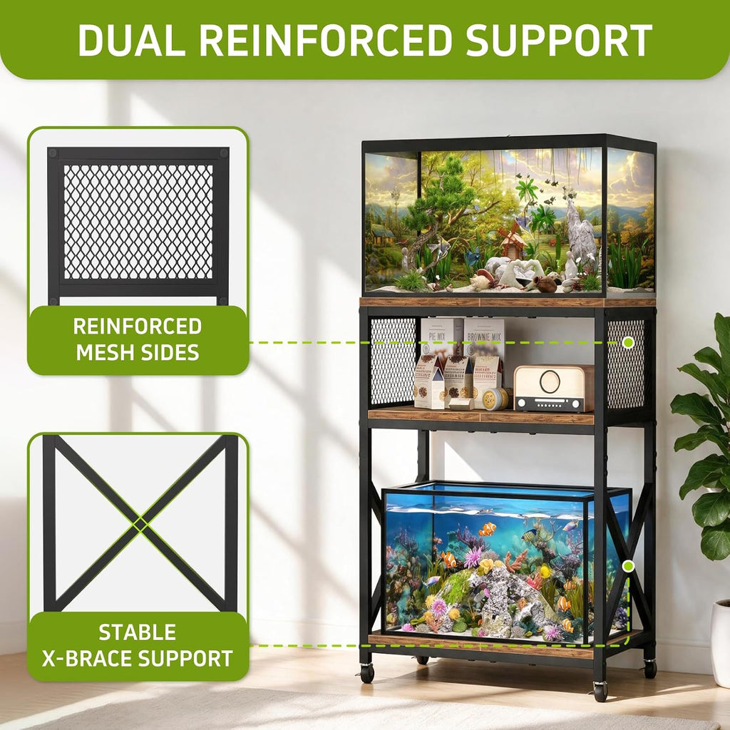 10 Gallon Aquarium Stand, 3-Tier Fish Tank Stand with Wheels, Heavy Duty Metal Frame with Mesh Side Panels