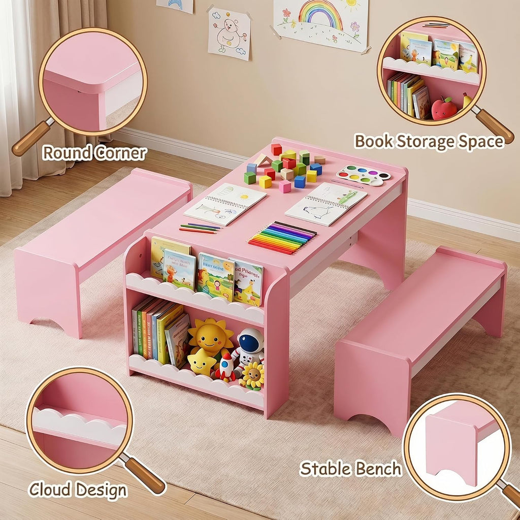 Kids Table and Bench Set, Montessori Kids Table and Chair Set, Indoor Wooden Toddler Activity Table with Bookshelves