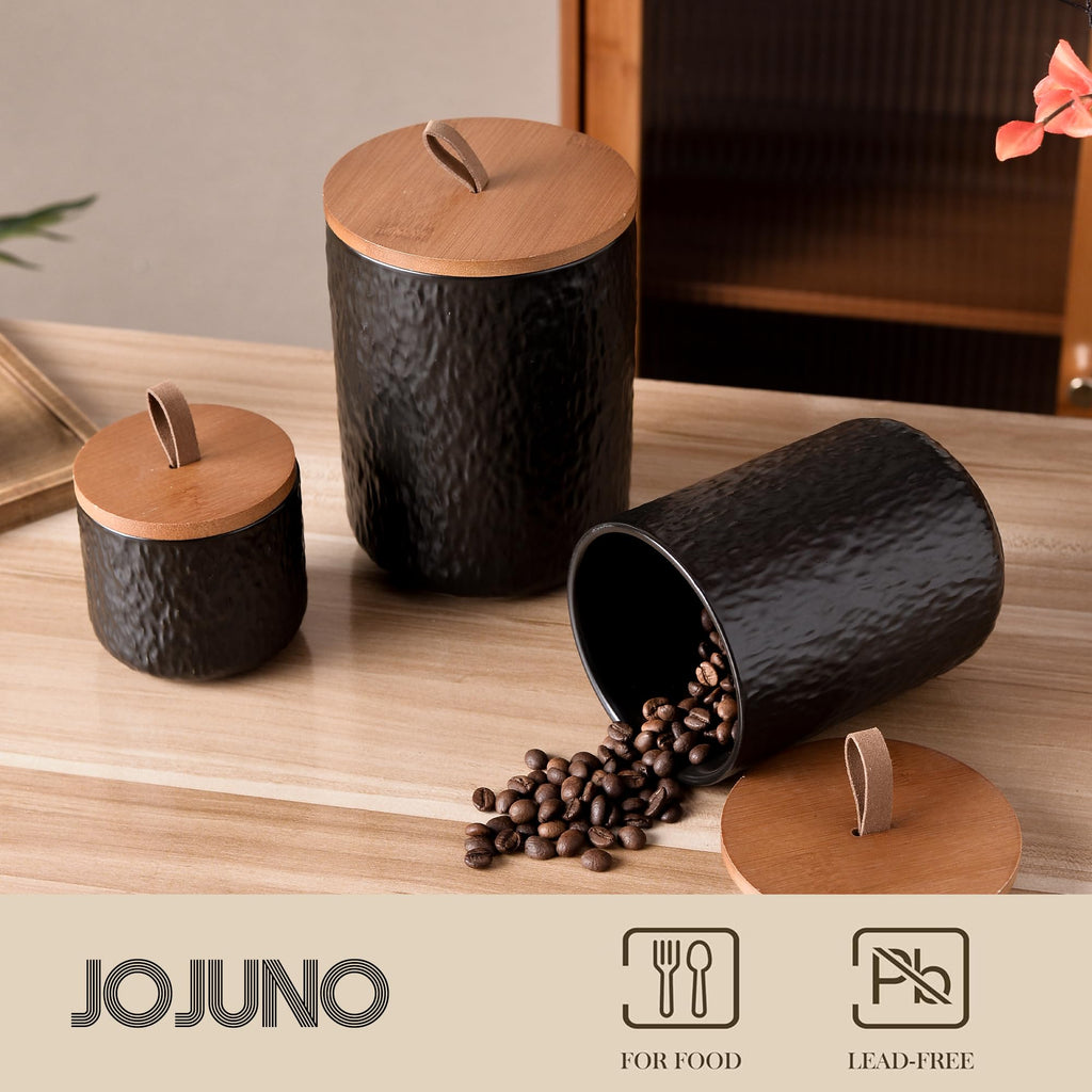 Black Stone Ceramic Canister with Bamboo Lid, 3-Piece Airtight Jars
