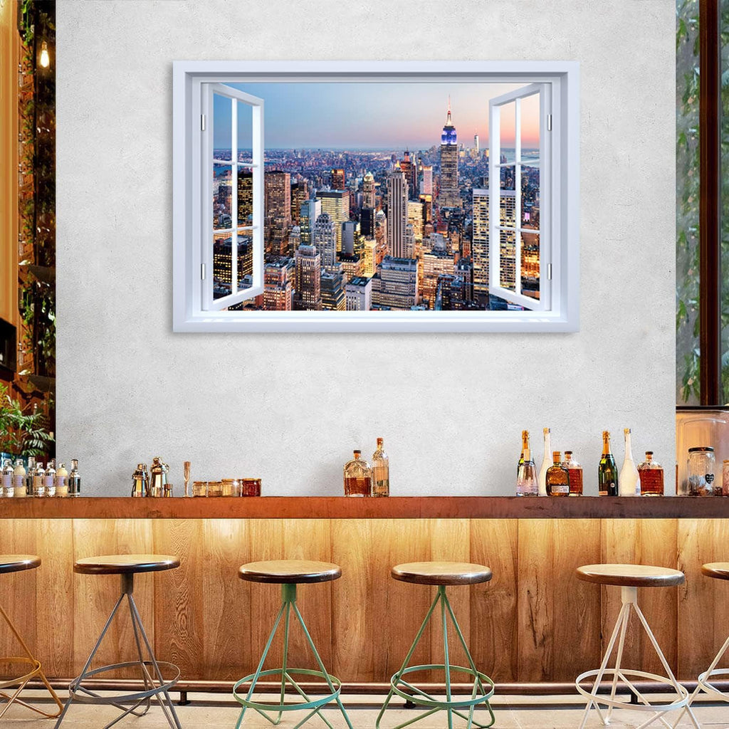 New York City Wall Art Sunset NYC Skyline Canvas Wall Decor | Window View Manhattan Landscape Prints Pictures