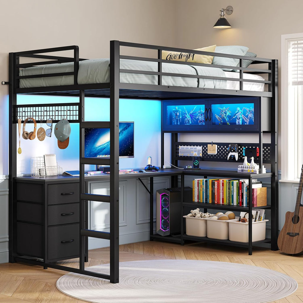 Twin Loft Bed with L-Shaped Gaming Desk, Storage Drawers & Hutch, Expanded Safety Power Outlet