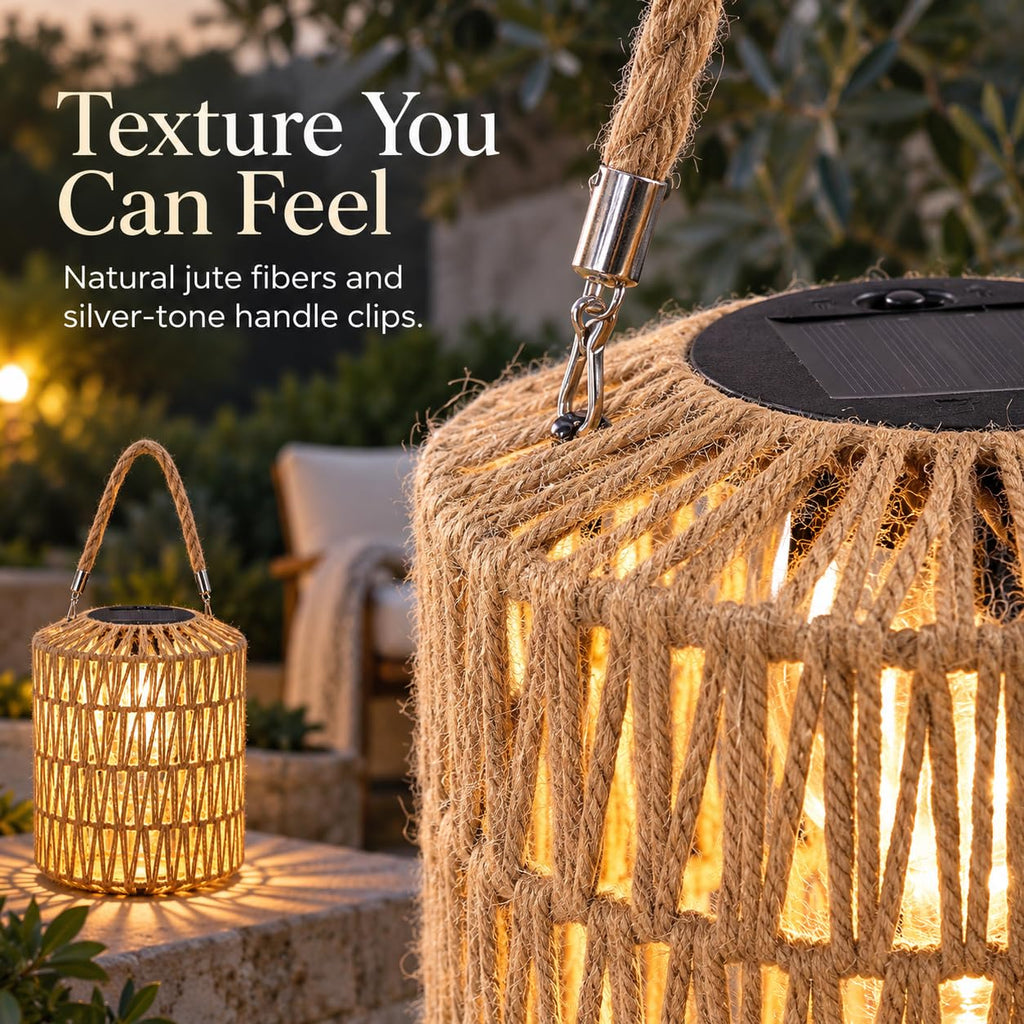 8.27" Large Solar Rope Lanterns Outdoor Hanging Natural Plant-Fibers
