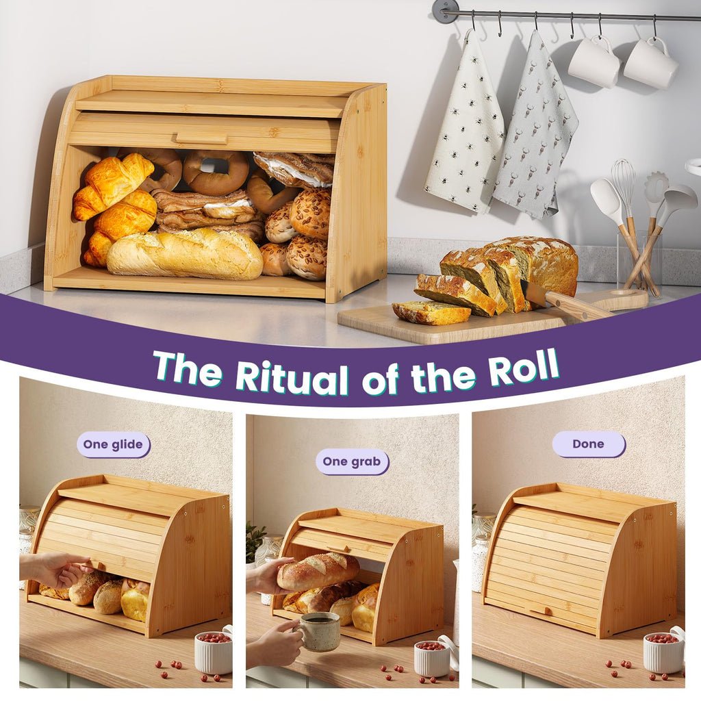 Bread Box - Natural Bamboo Kitchen Storage Roll Top, Countertop