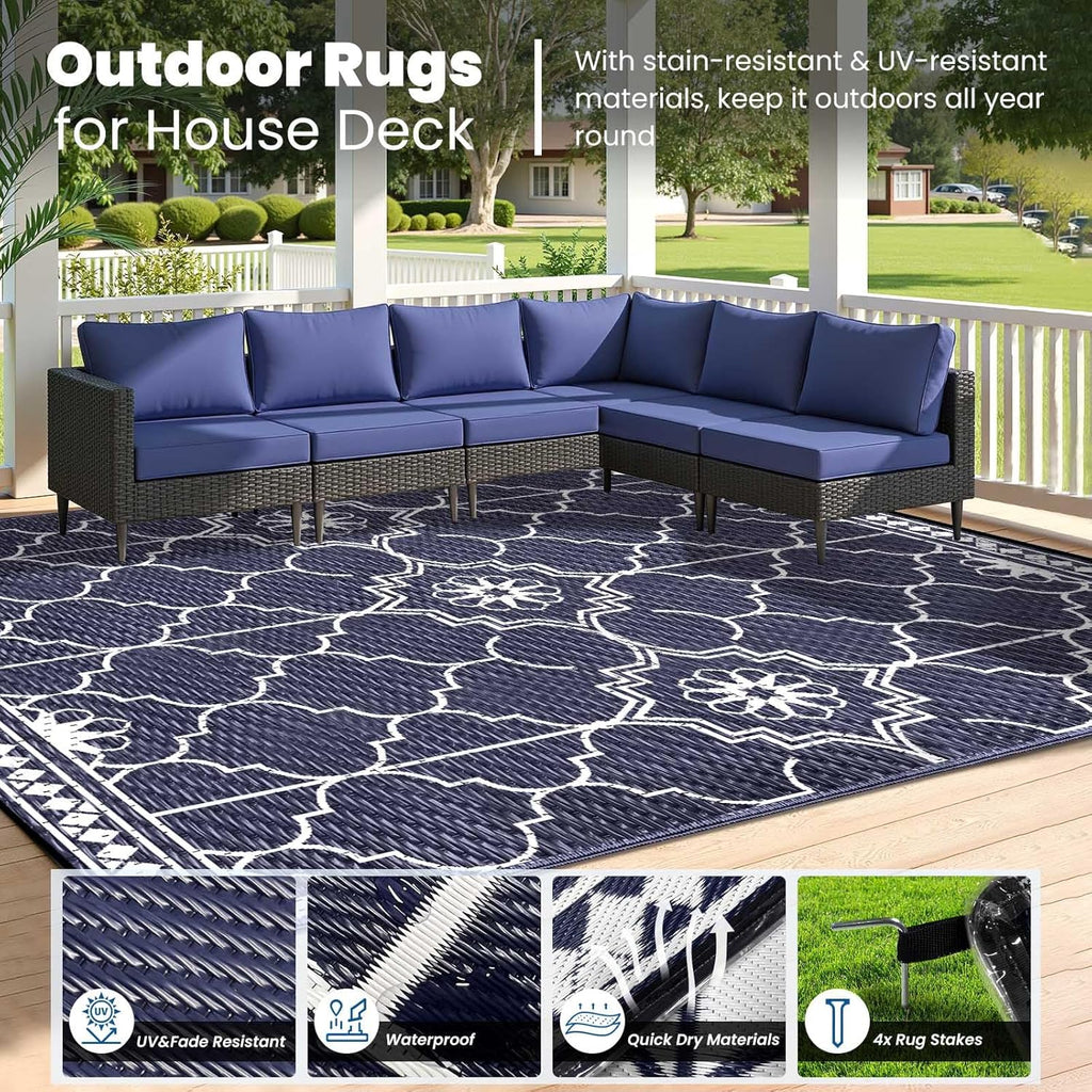 Lighted Outdoor Rug 8x10 ft, Solar Powered Patio Rug with 113 LED Lights, Waterproof Plastic Reversible Outdoor Straw