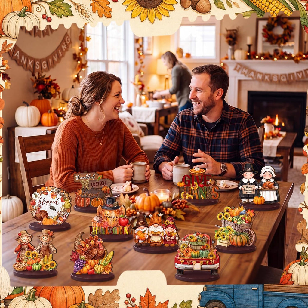 Thanksgiving Table Decorations, Wooden Fall Harvest Centerpiece, Pilgrim Turkey Gnome Table Topper Signs - Set of 12