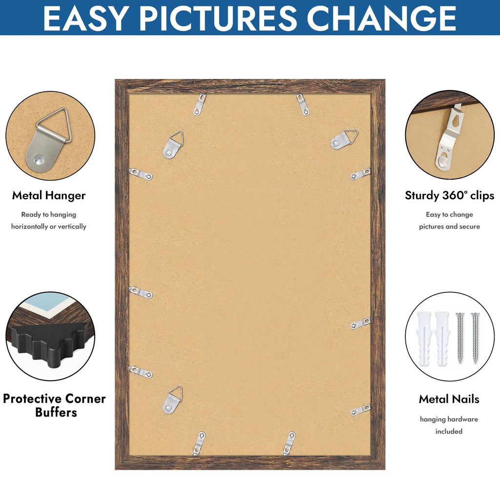12x18 Picture Frame Set of 4, 12 x 18 Rustic Brown Wood(Mat 8.5x11)