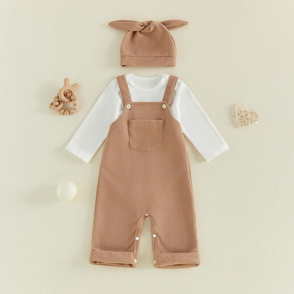 Newborn Baby Boy Clothes Infant Long Sleeve Romper Waffle Suspender Overalls Pants Hat Set Fall Winter Outfits