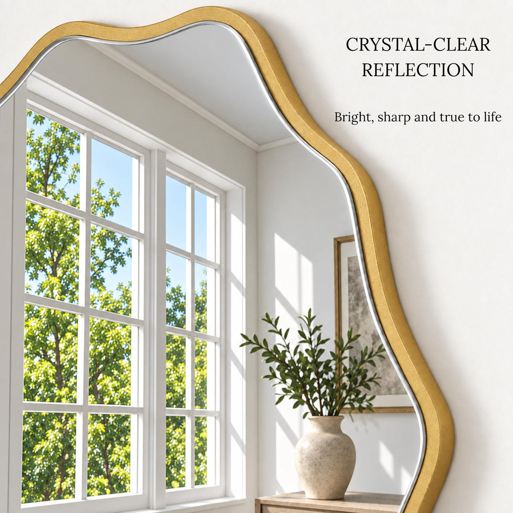 Gold Scalloped Mirror, 24'' Round Wall Mirrors Wavy Wood Framed Nursery Bedroom Living Room Entryway, Decorative