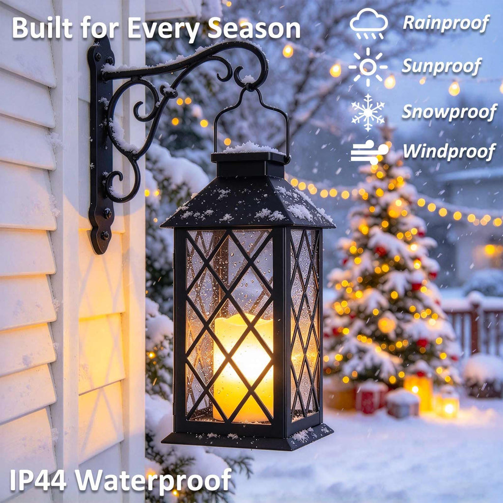 14" Large Tempered Glass Solar Lanterns Outdoor Waterproof, Black