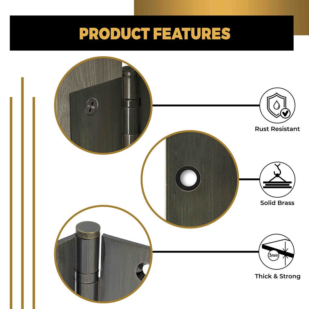 Solid Brass Door Hinge Heavy Duty Ball Bearing 3x3 Inch with Decorative Screw-on Tips Included - Set of 4 Hinges