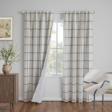 100% Blackout Navy Blue Plaid Farmhouse Linen Curtains 84 Inch Long 2 Panels Set Double Layer Windowpane Drapes