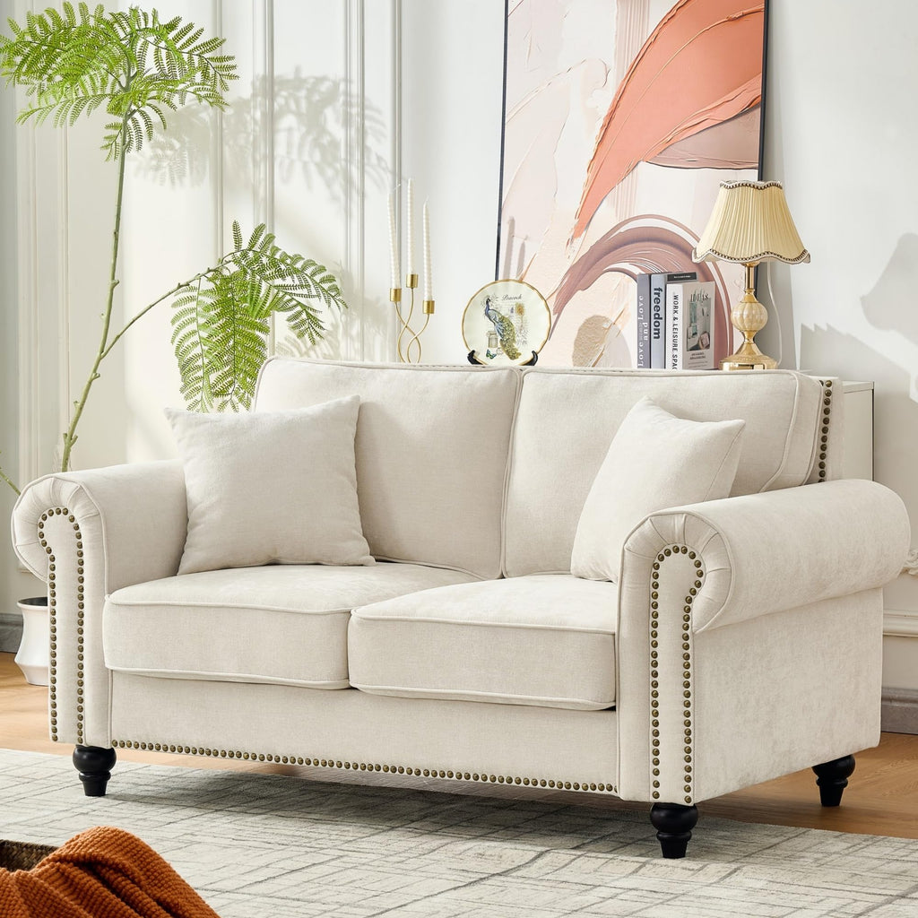 63.5" Chesterfield Loveseat Sofa with Rolled Arms, Chenille Upholstered 2-Seater Couch with Wood Legs and Nailhead
