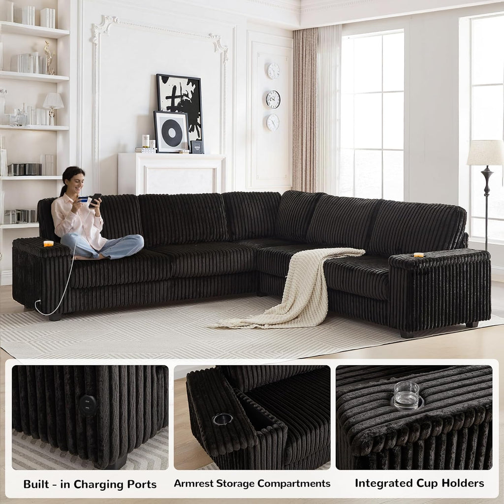 Black Sectional Couches for Living Room, Oversized Corduroy Couch, Sectional Corner Sofa with Cup Holders & USB