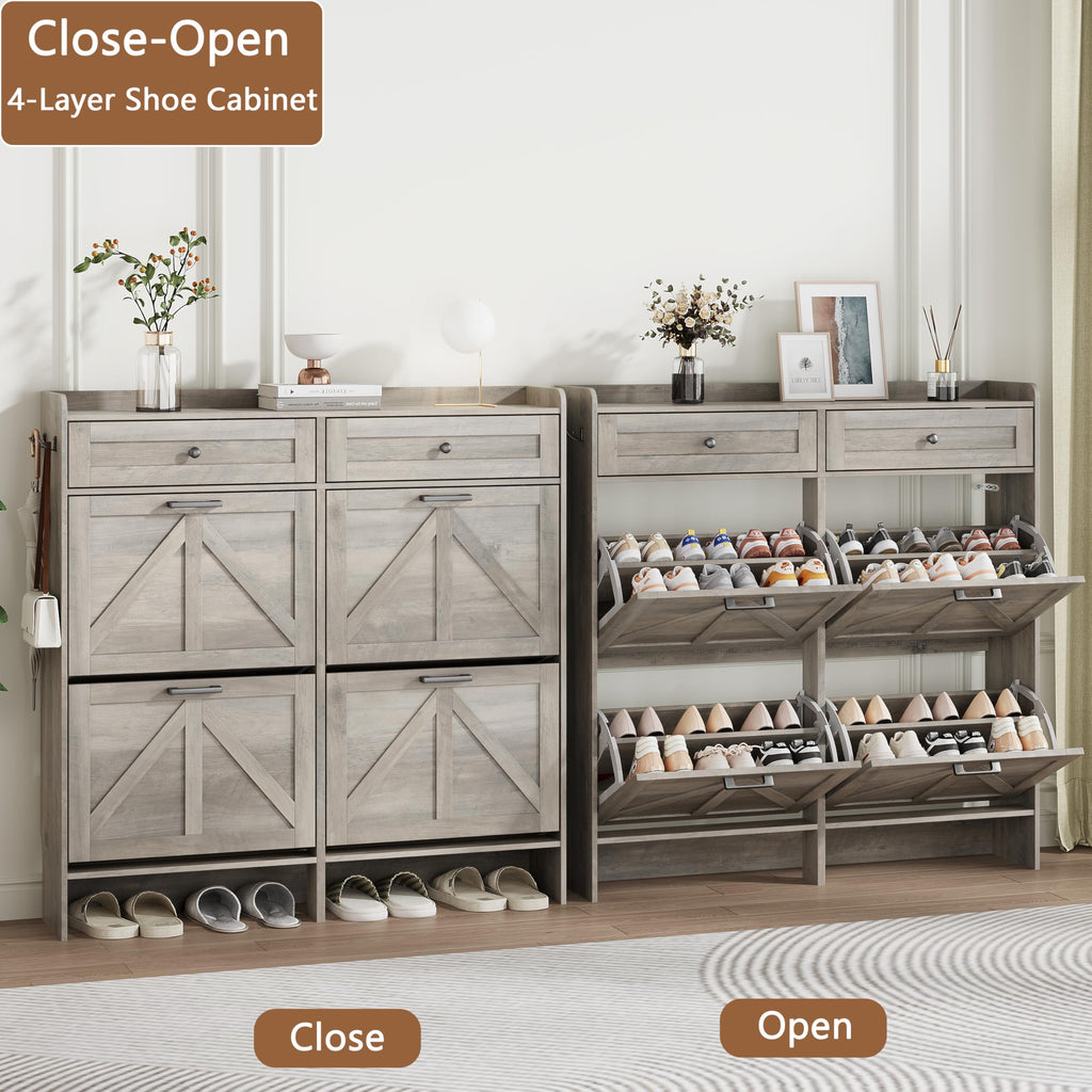 Shoe Cabinet with 4 Flip Drawers & 2 Top Drawers, 43" Tall Freestanding Narrow Wooden Shoe Storage Organizer, Hidden