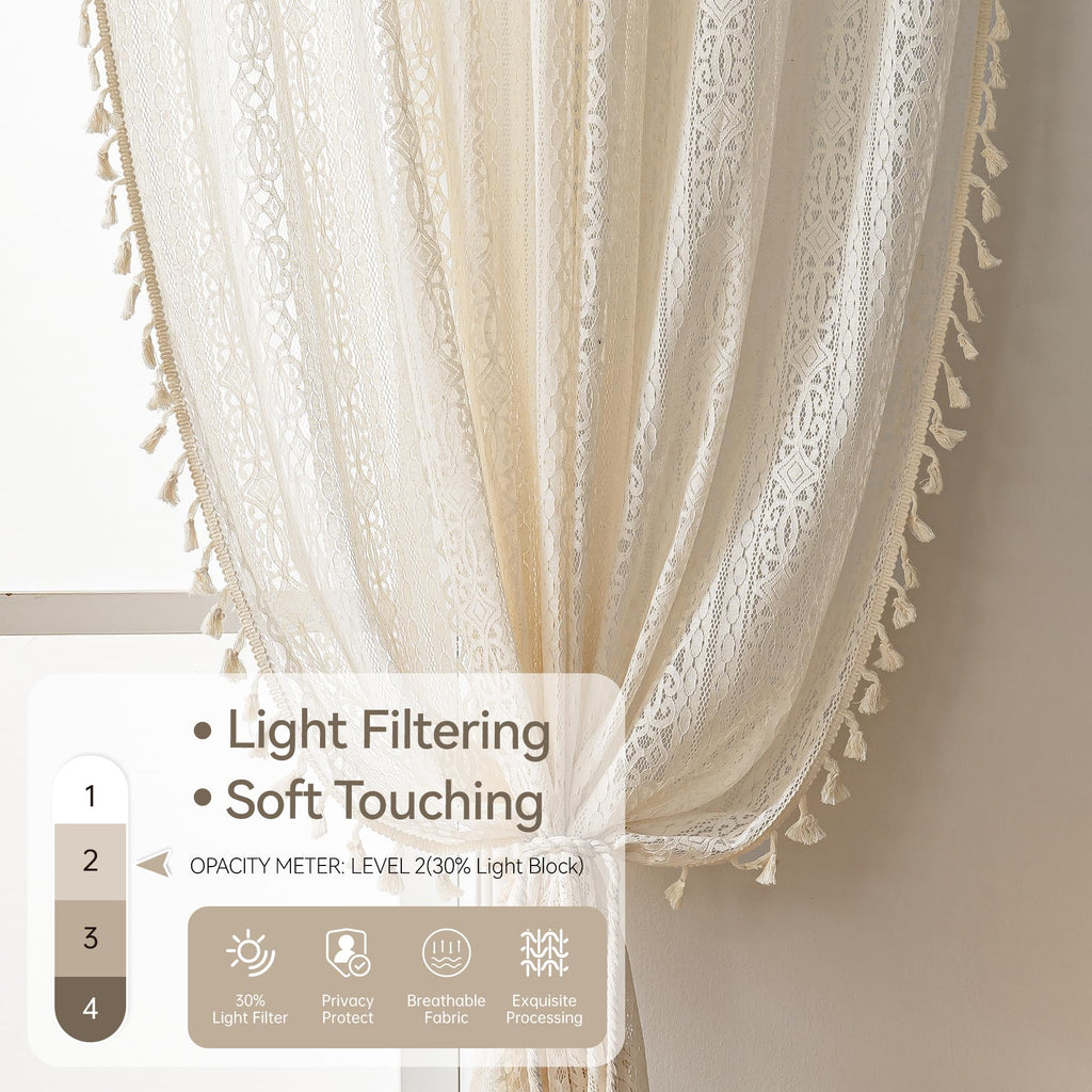 Beige Sheer Living Room Curtains, 72 Inch Long, 2 Panel, Rod Pocket, Vintage, French Country, Privacy, Boho Cotton
