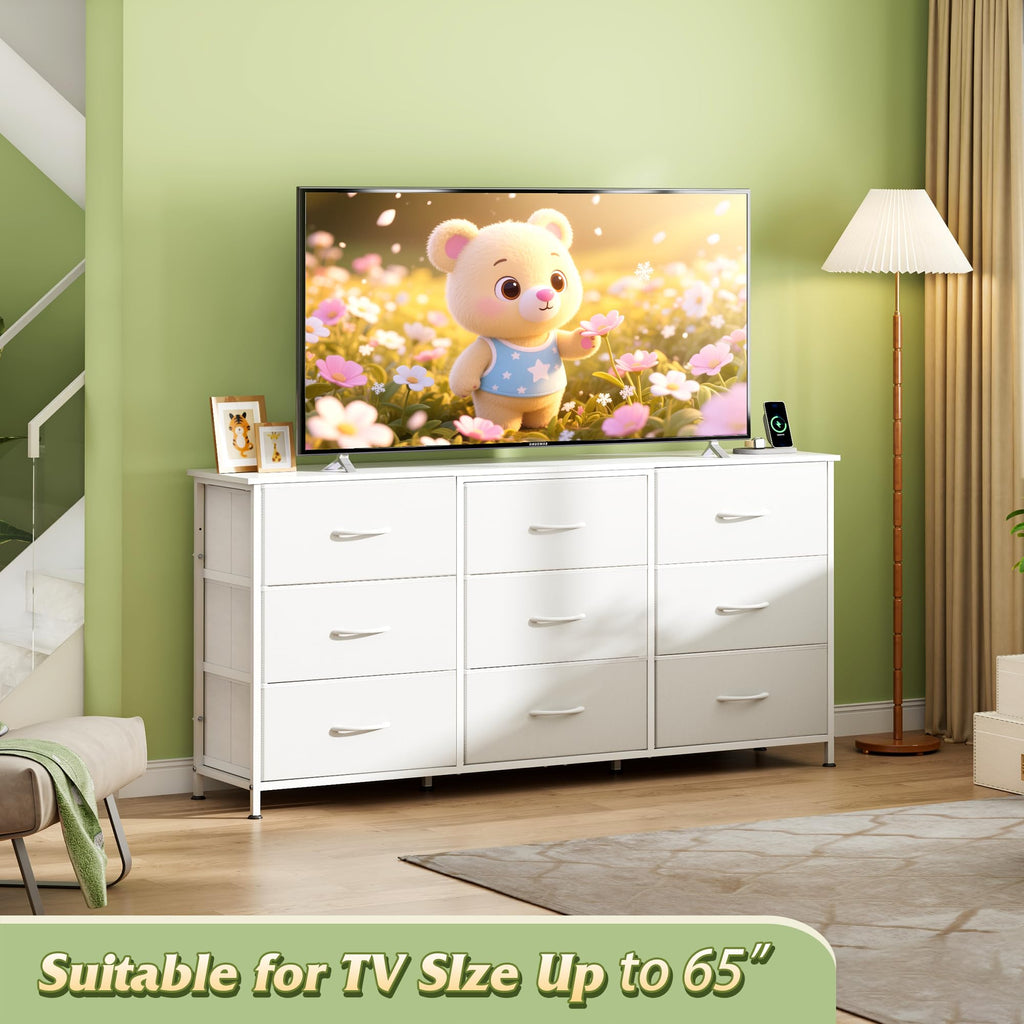 TV Stand for 65'' TV, 9 Fabric Drawers of Wide, White