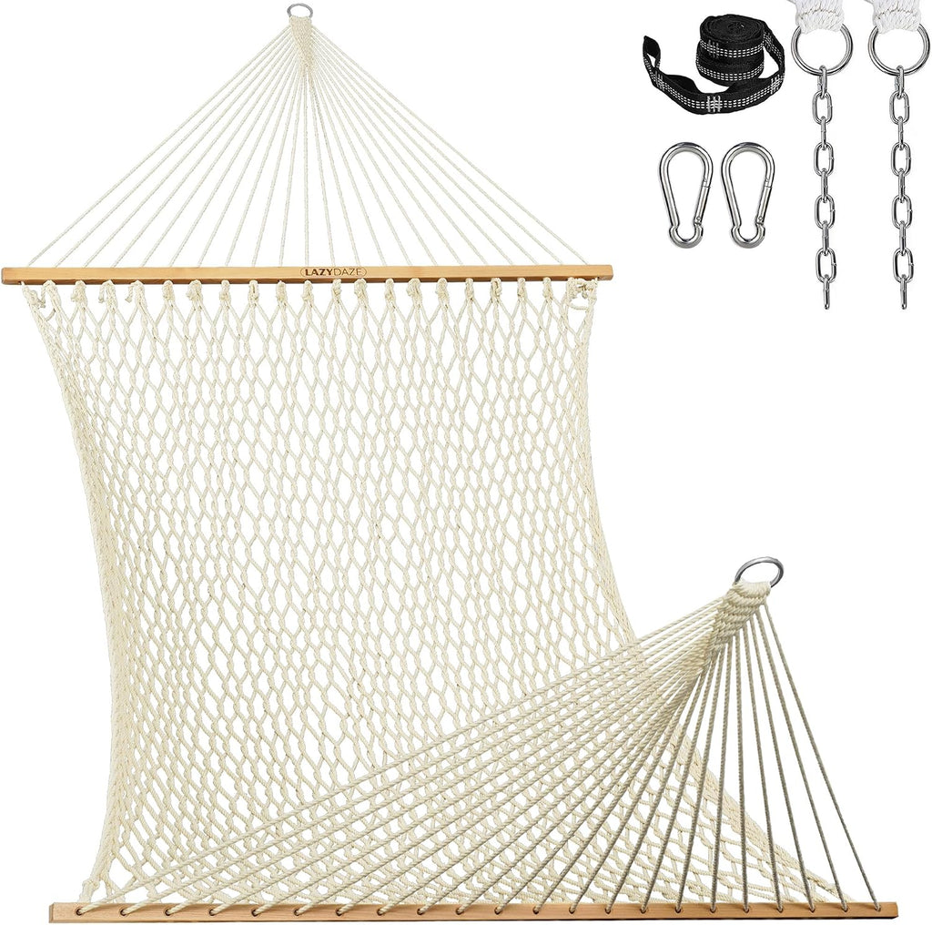13-FT Polyester Rope Hammock, Double 2 Person Traditional Hand Woven Outdoor Hammock with Spreader Bar, Carabiners