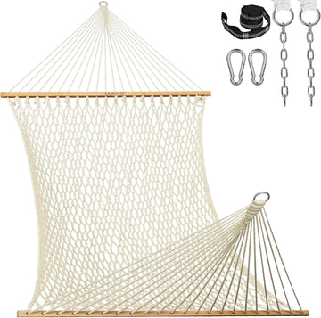 13-FT Polyester Rope Hammock, Double 2 Person Traditional Hand Woven Outdoor Hammock with Spreader Bar, Carabiners