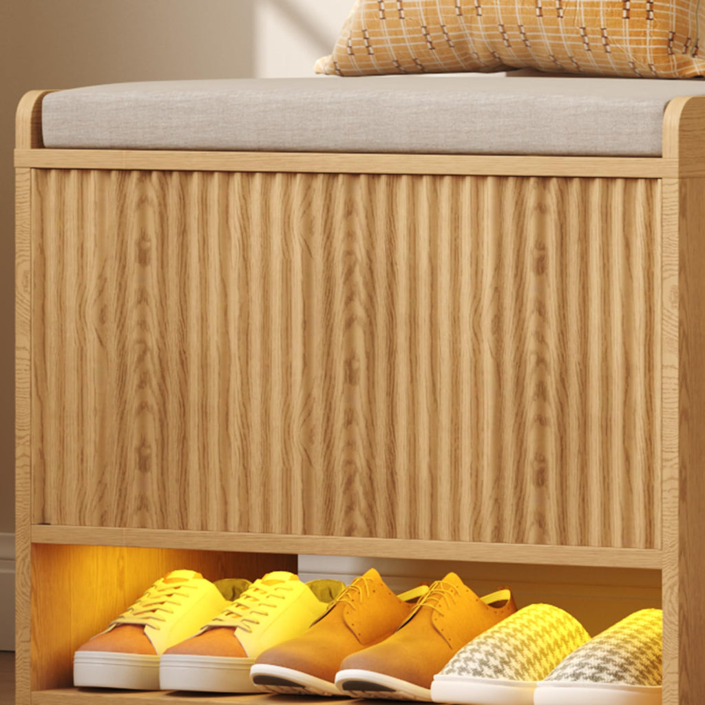 23.6" Fluted Shoe Storage Bench, Small Entryway Bench with Linen Seat Cushion, Shoe Cabinet Bench with Adjustable